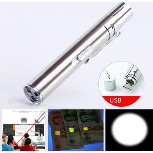 3 light sources 3-mode multifunctional USB Mini charging flashlight stainless steel led violet light cash check lamp