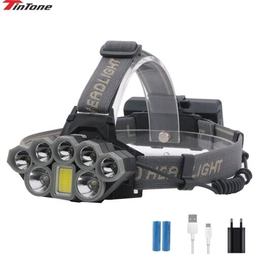 8000LM Headlamp 2T6+5XPE+1COB 8LED Rechargeable Flashlight USB Headlight 18650