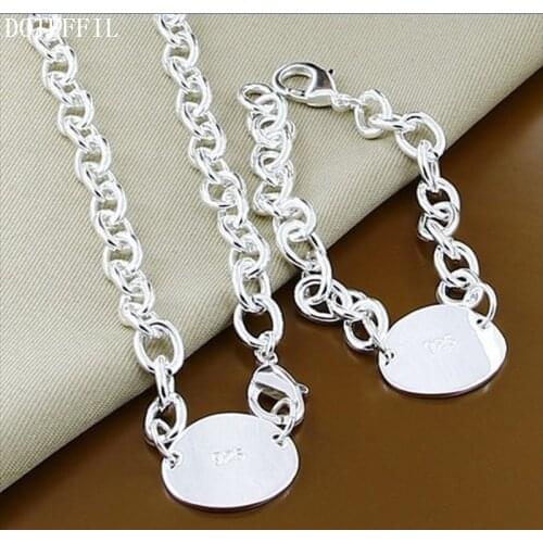 DOTEFFIL 925 Sterling Silver Oval Pendant 18 inch Chian Necklace 8 inch Bracelet Set For Women Wedding Engagement Party Jewelry
