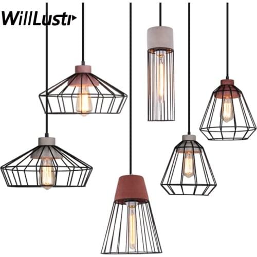 Willlustr cement pendant lamp concrete suspension light iron cage frame hotel restaurant hanging lighting dinning room bedside