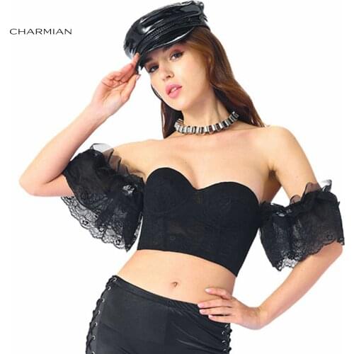 Charmian Sexy Off Shoulder Floral Lace Plastic Bone Harajuku Bustier Bras Fashion Summer Daily Casual Clubwear Corset Crop Tops