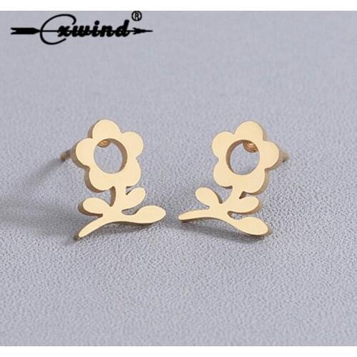 Cxwind Fashion Hollow Design Rose Flower Stud Earrings for Women Stainless Steel Gold Color Leaf Earring Statement Jewelry