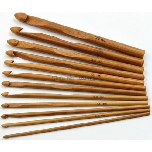 By dhl 100set 12-Size 3mm-10mm Knit Weave Yarn Craft Knitting Needle Bamboo Handle Crochet Hooks Sewing Needles