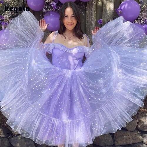 Eeqasn Lavender Tulle With Heart Short Prom Dresses Off Shoulder Straps Boning Homecoming Dress Tea Length Formal Party Gowns