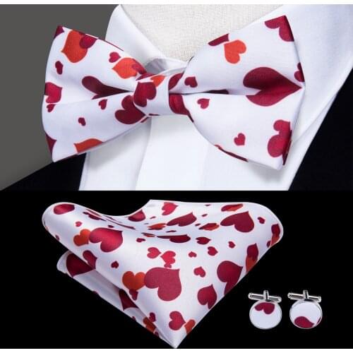 Hi-Tie Classic Mens Bow Tie for Men Butterfly Bow Tie Hanky Cufflinks Set Romantic Red Heart Valentines Day Mens bow tie set