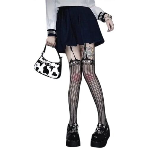 Japanese Lolita Women Suspender Pantyhose Dark Punk Sexy Hollow Out Fishnet Mesh Tights Jacquard Stretchy Garter Belt Thigh High