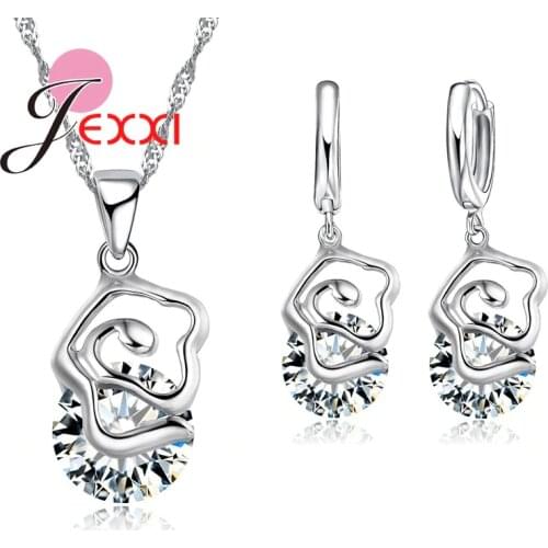 Best Gift Brincos Bijoux 925 Sterling Silver Hollow Rose Earrings Cubic Zirconia Animal Pendant Necklace Jewelry Set
