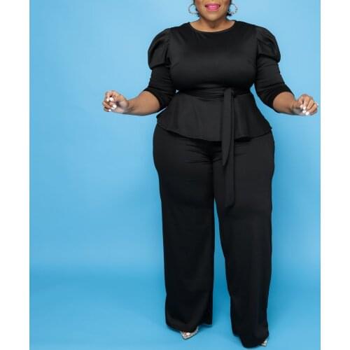 Plus Size XL-5XL 2 Piece Set Women Pants Sets Solid Loose Top Puff Sleeve Summer Jogger Tracksuit Wholesale Dropshipping