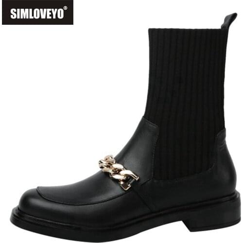 SIMLOVEYO Winter Retro Square Toe Boots Genuine Leather Metal Chain Knitting Woolen Tube Sock Boot Women 2021 Fashion Stretchy