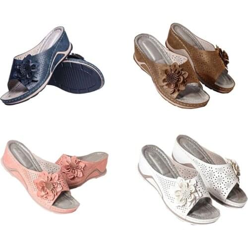 Q39C Women Summer Faux Leather Open Toe Shoes Hollow Out Flower Retro Thick Platform Wedge Slippers Slip On Anti Slip Sandals