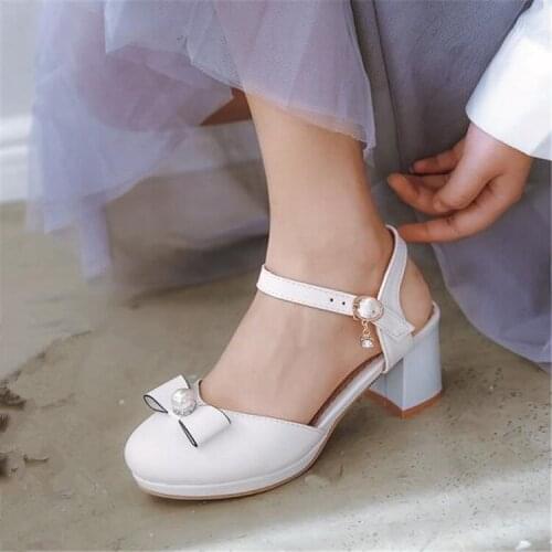 PXELENA Plus Size 34-43 Women Sandals Thick Square Block High Heels Round Toe Pearl Bowknot School Sweet Shoes Ladies White Pink