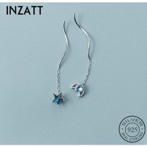 INZATT Real 925 Sterling Silver Blue Zircon Star Moon Short Tassel Dangle Drop Earrings For Elegant Women Fashion Jewelry Gift