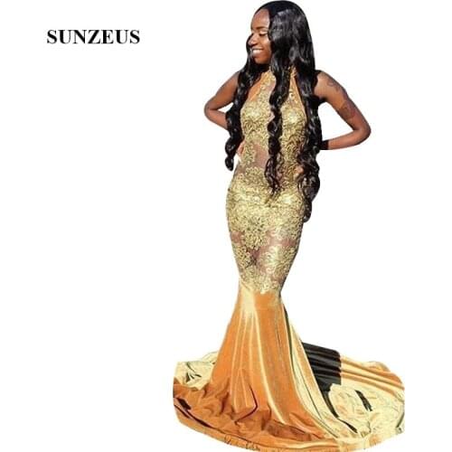 Appliques Illusion Prom Dress Sexy Mermaid Long Party Gowns Velour Skirt Women High Neck Gold Dress For Prom