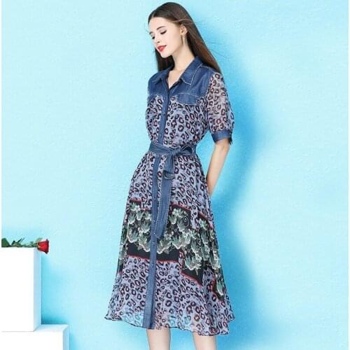 Fashion Leopard Flower Printed Patchwork Denim Dresses High Quality Ladies Short Sleeve Single Breasted Sashes Slim A-Line Dress