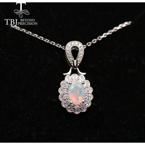 TBJ, 925 sterling silver with natural opal pendant necklace oval cut 5*7mm good fire opal fine jewelry for women daily wear