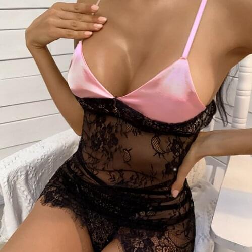 Women Sexy Nightwear Dress Backless Hollow-out Floral See-through V neck Short Mini Bodycon Dress