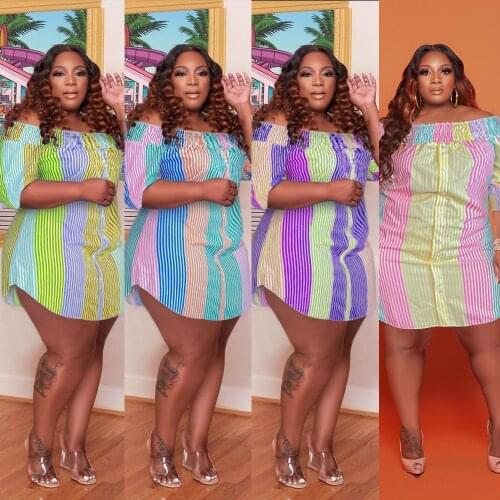 Top Ranking Slash Neck Women Mini Shirt Dresses Color Striped Patchwork Single-breasted Half Sleeve Straight Plus Size Dress
