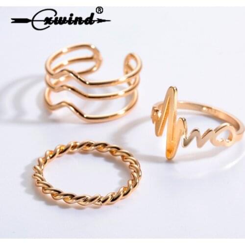 3pcs /lot Charm Lightning Waves Ring Set Punk Style Midi Finger Knuckle Heart Beat Twisted Rings for Women Fashion Jewelry