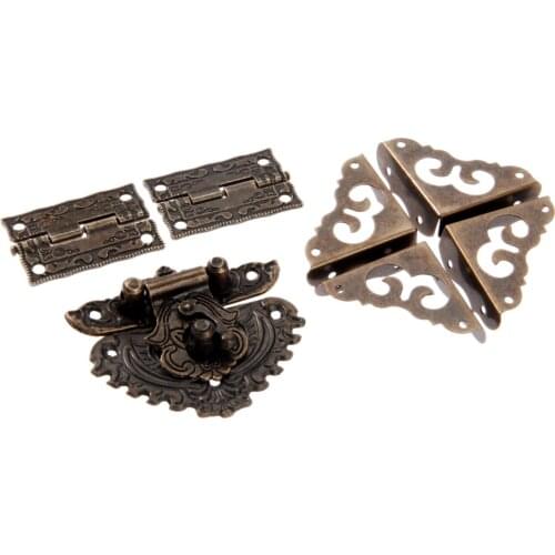 Antique Box Latch Hasp Toggle Buckle 2Pcs Cabinet Hinges 4Pcs Corner Decorative Protectors for Jewelry Wooden Box Hardware