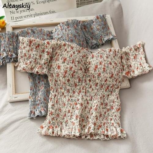 Blouse Women Summer Sweet Folds Slash Neck Floral Holiday Retro Fashionable Edible Tree Fungus Ladies Lovely Slim Stretchy Sexy