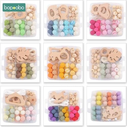 Bopoobo 1Set Baby Teether DIY Silicone Beads Pacifier Clip Chain Baby Mobile Wool ball BPA Free Wooden Crochet Beads Teether