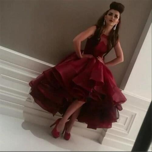 Burgundy Ball Gown Prom Dresses High Low Puffy Ruffles Organza Short Prom Gowns 2020 Chic Cocktail Party Dress Vestido De Festa