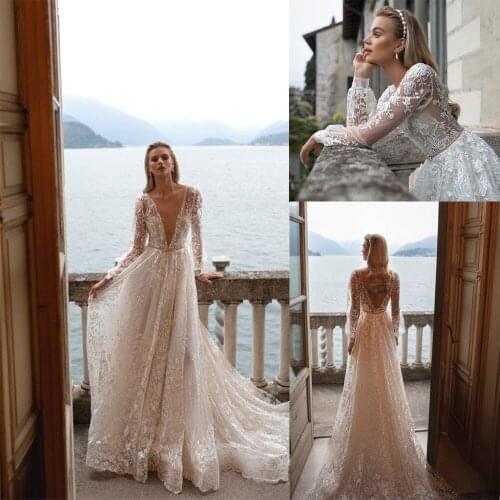 Whole Lace Applique Wedding Dresses Deep V Neck Backless Latern Sleeve Vestido De Noiva Custom Made Bridal Dress