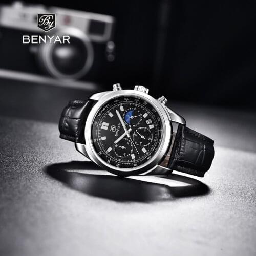 Benyar 2021 Top Brand Mens Quartz Business Watch High Quality Leather 50m Waterproof Luminous Calendar Watch Relogio Masculino
