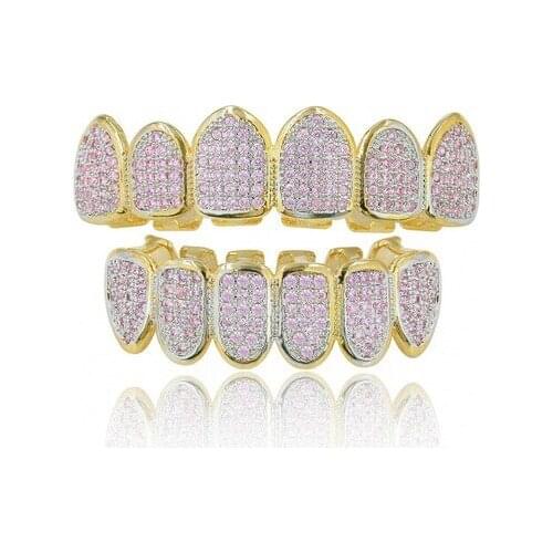 Hip Hop grillz teeth Iced Out AAA pink Zircon Fang Mouth Teeth Grillz Caps Vampire Grills Top & Bottom Grill Set for Men Women
