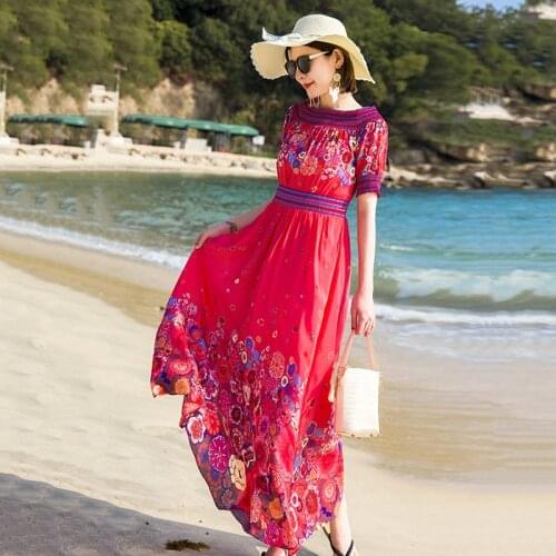 Vacation Style Silk Dress 2021 Spring/Summer New Sexy Elegant Positioning Printing off-Neck Mulberry Silk Long Dress