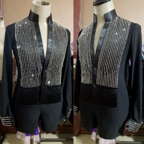 Mens Stand Collar Latin Dance Shirt V-Neck Rhinestone Competition Wear Ballroom Waltz Long Sleeve Performance Dancewear VDB3760