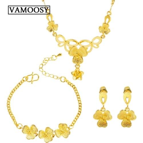 Elegant 24K Gold Jewelry 2019 New Bridal Jewelry Sets Wedding Jewelry Leaf Yellow Gold Bracelets Necklaces Earrings for Women