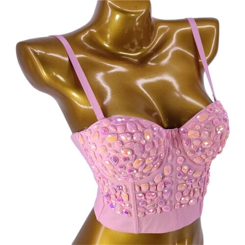 Crop Top To Wear Out Beads Pink Shine Nightclub Sexy Top Women Bra Push Up Bustier White Corset Tops Casual Female Tops Mujer