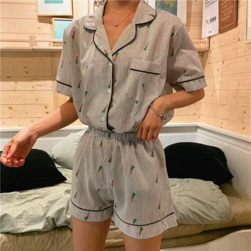 Summer sweet carrot print pajama set summer girl korean homewear cotton short sleeve women stripe pyjamas home suit 2pcs L283