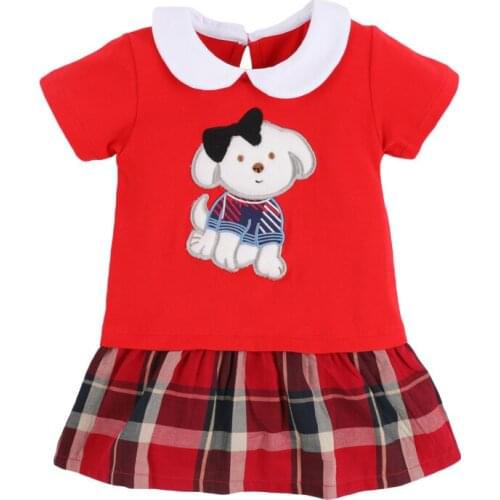Little Maven New Summer Kids Red Puppy Applique Girls 2-7yrs Short-sleeved Peter Pan Collar Cotton Knitted Patchwork Dresses