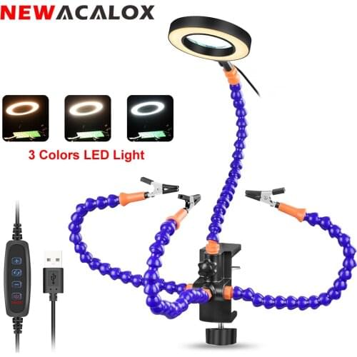 NEWACALOX Table Clamp Soldering Helping Hands Tool USB 3X LED Magnifier for Crafts Jewelry Hobby Soldering Third Hand Tool
