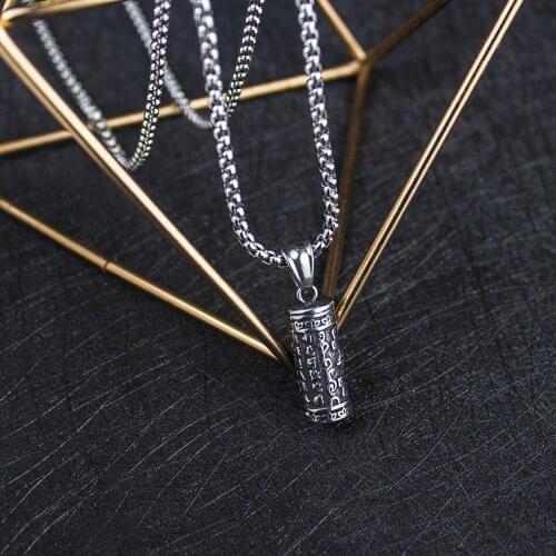 Mantra Cylinder Necklace Mens Hip Hop Silver Color Necklaces Titanium Steel Pendant Chain Necklace Ancient Punk Party Gifts