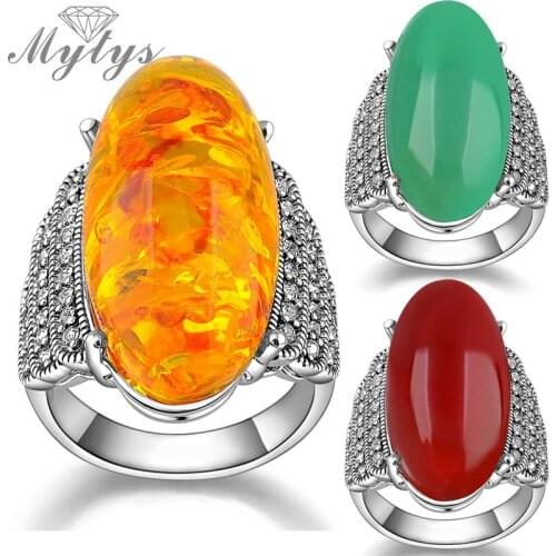 Mytys Fashion Oval Resin Faux Gem Marcasite Crystal Ring Orange and Red And Green Color Ring R1012 R1013 R1014