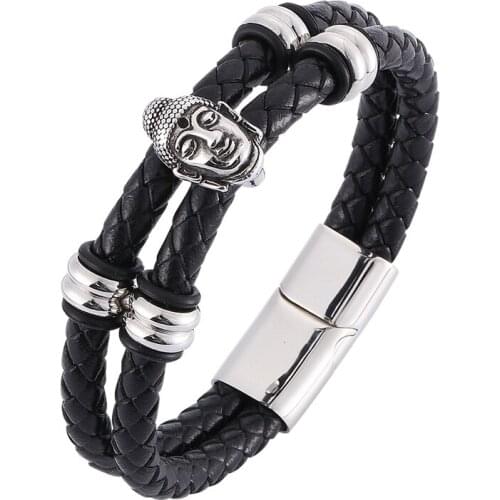 Men Jewelry Black Braided Leather Bracelet Trendy Stainless Steel Buddha Bracelet Male Magnetic Clasp Bangle PD0329