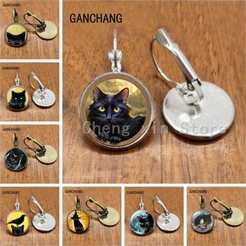 New cute cat glass and moon black cat and fairy tale pattern round glass handmade earrings gift