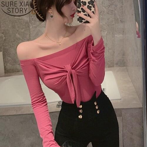 Autumn Long Sleeve Cotton Shirts Women Blouses Slash Neck Bottoming Shirt Sexy Off Shoulder Casual Short Tops Bow Blusas 16084