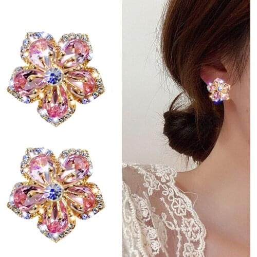New Korea Sweet Cute Rhinestone Colorful Flower Shiny Zircon Crystal Stud Earrings for Women Girls Fashion Statement Earrings