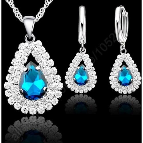 Clear Blue 925 Sterling Silver Austrian Crystal Necklace Hoop Earrings Water Drop Design For Women Party Jewelry Sets