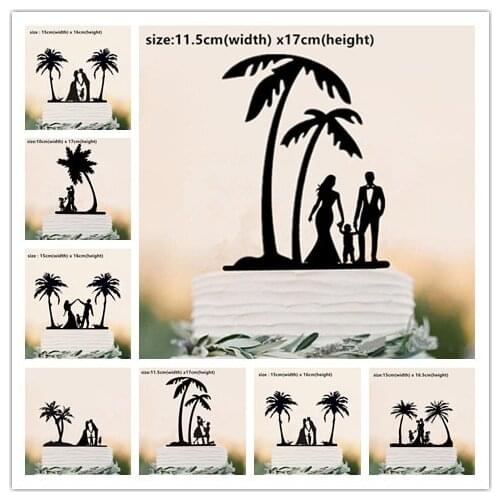 Beach Theme Family Style Wedding Cake Topper, Bride and Groom with Child Cake Topper Decorations for Wedding/Anniversary