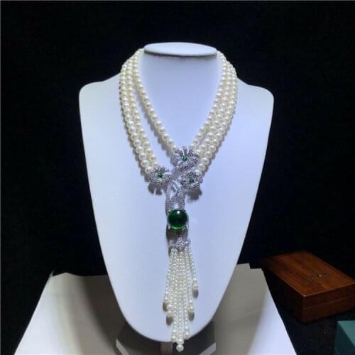 Hand knotted 3rows natural 8-9mm white freshwater pearl fashion necklace micro inlay zircon accessories