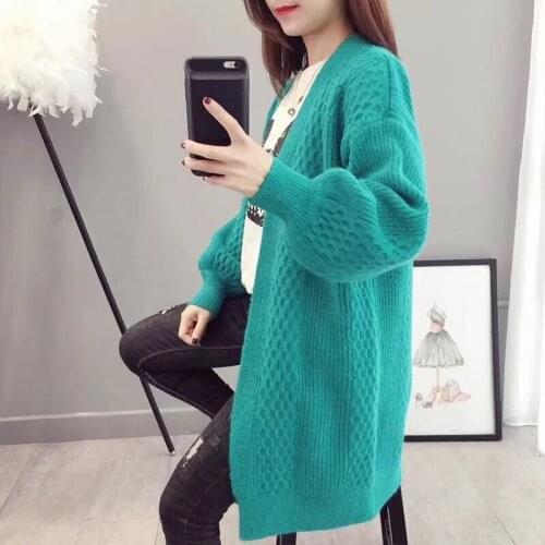 Autumn Winter Sweater Cardigan Women Mid-Length V-Neck Puff Sleeve Loose Knitted Jacket 6-Color Top Knitwear Coat Vetement Femme