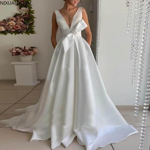 Vestidos Elegant Satin Wedding Dress 2021 V-neck Simple Boho Bridal Gowns Plus Size Backless Robes De Mariee with Bow