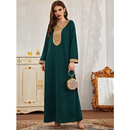 2021 Summer Dress Long Sleeve Women Sequined V Neck Party Dresses Green Loose Plus Size Abaya Dubai Muslim Islamic Clothing