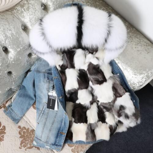 2020 new mid-length denim pie overcoming fox fur liner coat raccoon fur collar coat female winter tide