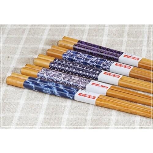 5 Pairs Blue Japanese-Style Natural Bamboo Chopsticks Adult Chopsticks Set Gift Box hashi korean style